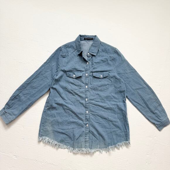 Zilcremo Denim Button Up Shirt Frayed Hem, Size Small - Picture 1 of 10